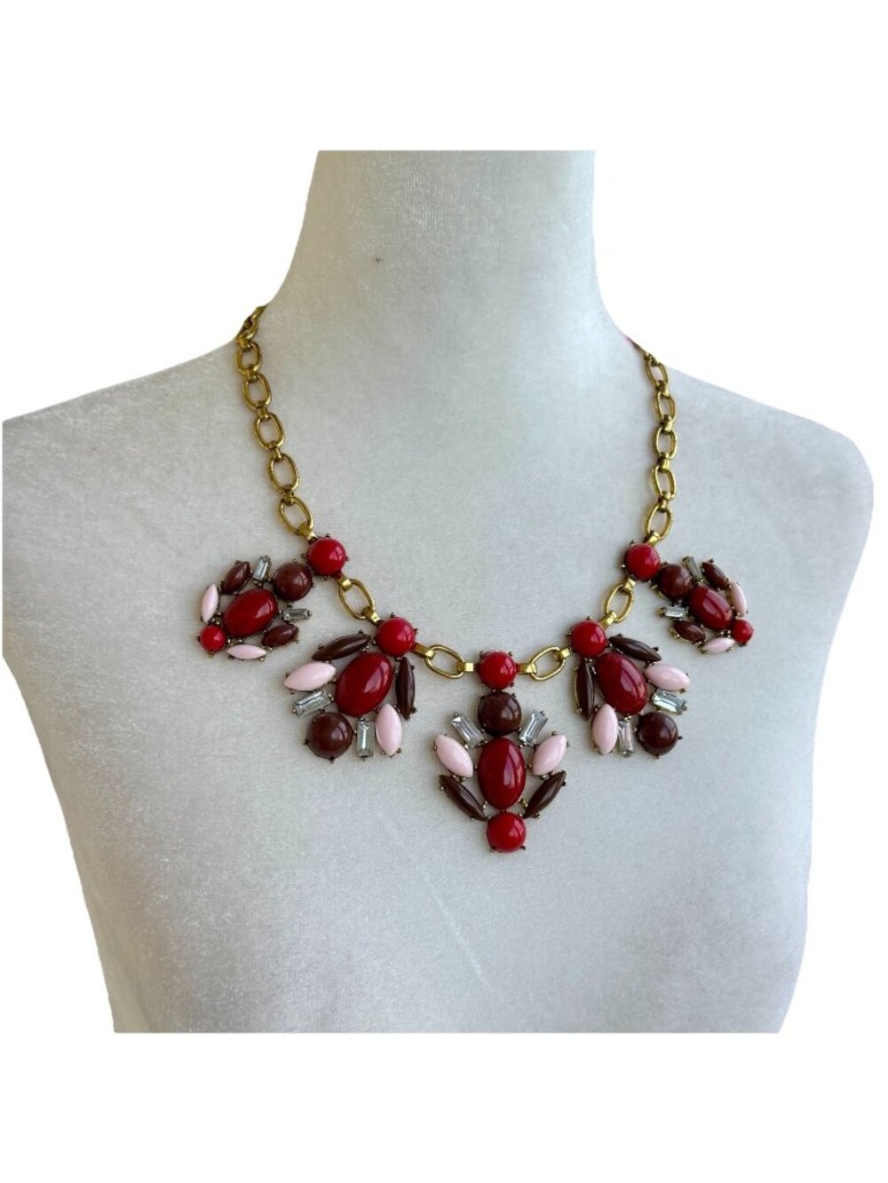 Crystal and Beaded Faceted Floral Statement Necklace Red Pink Garnet Clear Gold